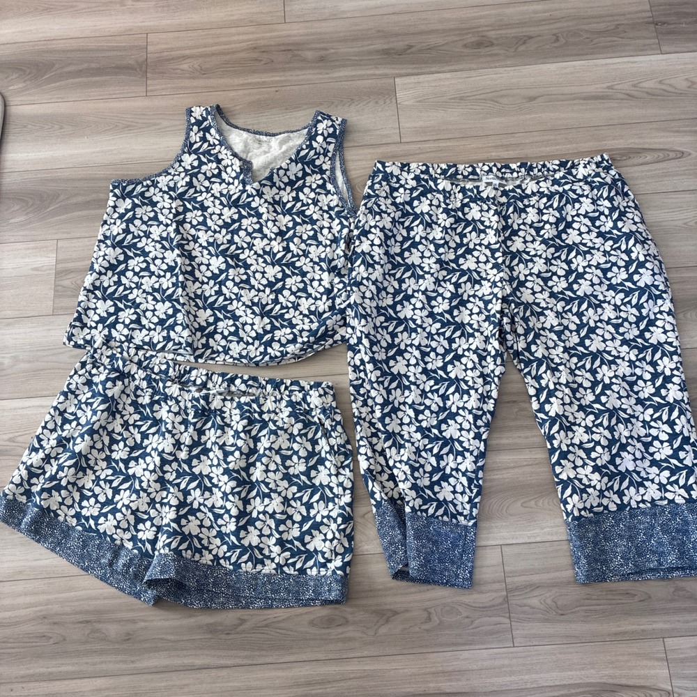 NorthStyle Womens 3pc Pajama Set 2X Blue White Floral Cotton Tank Pants Shorts